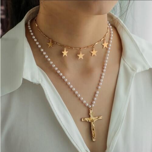 2020 New Fashion Jewelry Two Layers Pearl Beaded Stars Jesus Cross Charms Chain Choker Necklaces & Pendants For Women