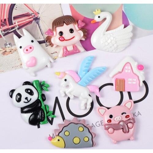 DIY Jewelry Findings 10pcs Kawaii Animal Swan Panda Horse Pig Rabbit Hedgehog Resin Cabochons Cameo Beads Charms Ornament Decor