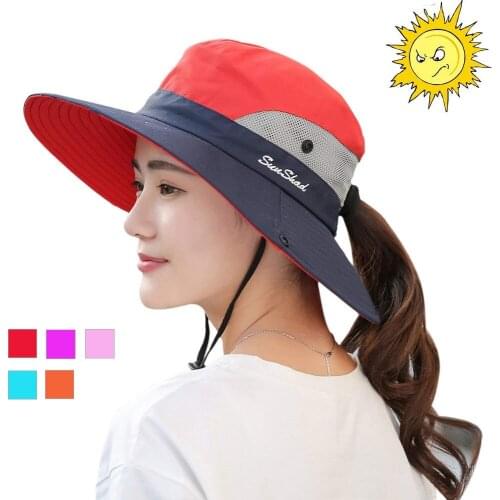 Womens Ponytail Safari Sun Hats For Women With UV Protection Wide Brim Outdoor Foldable Bucket Hat