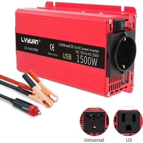 1500W Inverter DC 12V/24V to AC 110V/220V 230V dual 3.1A USB Charging Adapter Converter Universal US Socket Solar Power Inverter