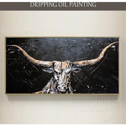 Skilled Artist Hand-painted High Quality Texas Longhorns Oil Painting for Wall Decor Hand-painted American Bull Oil Painting