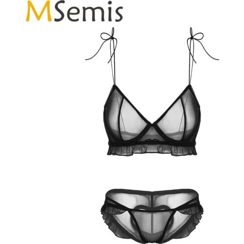 MSemis Sexy Erotic Women Transparent Lingerie Set See Through Sheer G-String Panty Ruffle Underwired Bra Top Open Butt Underwear