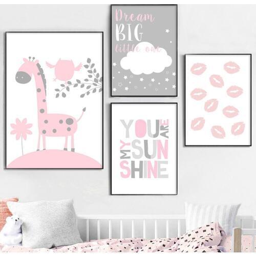 Cute Pink Lips Giraffe Wall Art Canvas Poster and Print Cartoon Painting Pictures for Living Room Nursery Girl Bedroom Decor