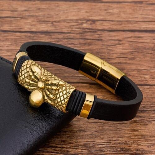 Fashion Charm Rope Braided Accesorries Bangles Gold Black Genuine Leather Men Bracelet Bee Animal Magnetic Male Jewelry