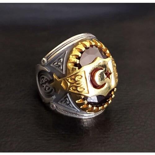 Red Zircon Cubic Zirconia Moon ottoman motif Star Men 'S Silver Ring 925 sterling, gift ring, Valentine gift