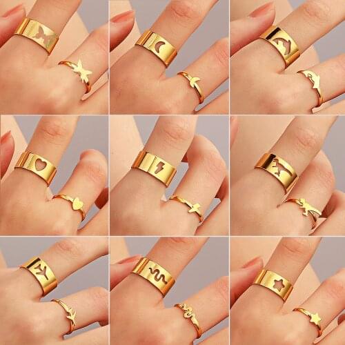 LATS Trendy Gold Aircraft Dinosaur Lightning Butterfly Rings for Women Men Lover Couple Friendship Open Rings Set 2021 Jewelry