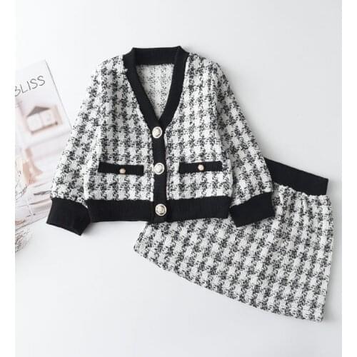 2020 New Autumn Girls Winter Elegant Clothing Set Kids Plaid Sweater and Skirt 2 Pcs Outfits Baby Clothes Fashion Clothes