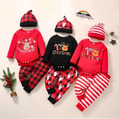 Citgeett Autumn Christmas Winter Newborn Baby Boys Girls Outfits Long Sleeve Letter Deer Print Romper + Pants + Hat Clothes Set