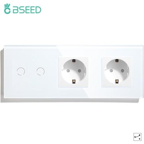 BSEED EU Standard 1 Gang 2Gang 3Gang 1 Way 2 Way Touch Switch With Double EU Socket Black White Golden Crystal Glass Panel