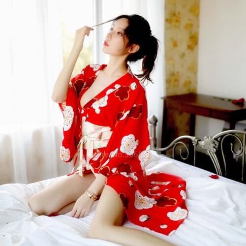 Aisan Japanese Traditional Kimono for Women Sexy Vintage V-neck Sakura Floral Printed Red Yukata Sleepwear Nightgown Obi Set