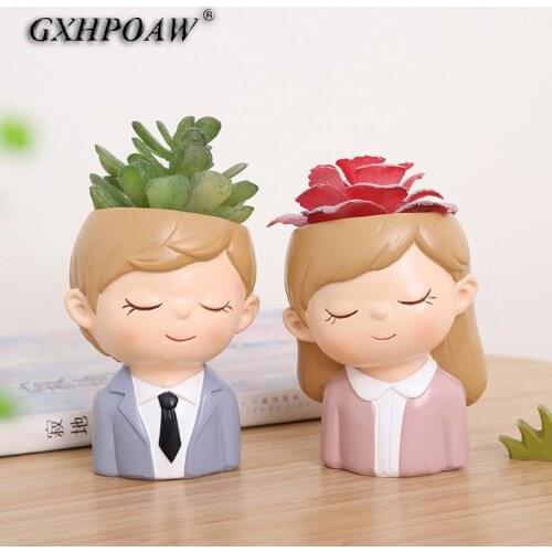 Home Garden Office Desktop Decoration Ornaments Love Themed Cartoons Couple Boys Girls Resin Flower Pots Succulent Plants Potted
