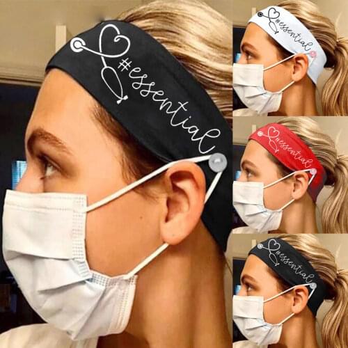 Unisex Doctor Nurse Button Headband for Mask Stethoscope Letters Printed Headwrap Protect Ears Face Mask Holder Elastic Turban