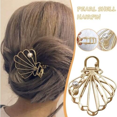 Shell Shaped Hair Claw Clip Hollow Metal Updo Hair Jaw with Bead Decor Shower Hair Clamps for Girls Female 5.5*6cm BN