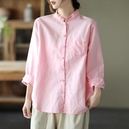QPFJQD Ladies Retro Blouse Cotton Linen Stand Collar Long Sleeve Solid Color Women Loose Button Embroidery Shirts Spring Autumn