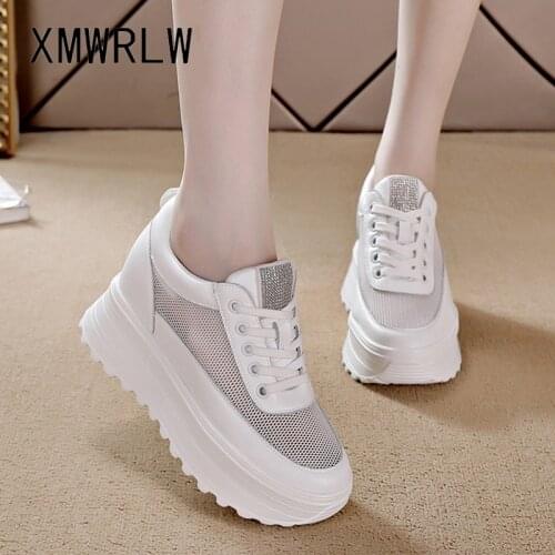 XMWRLW Womens Chunky Sneakers 2021 Summer Genuine Leather Women Shoes Rhinestone Female Hidden Heel Sneakers Woman White Shoes