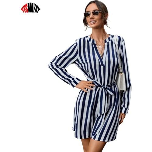 Women Long Sleeve Dress Fashion Striped Print Ladies Office Dresses Vestidos Mujer 2021 Autumn Elegant Lace Up Blouse Dress