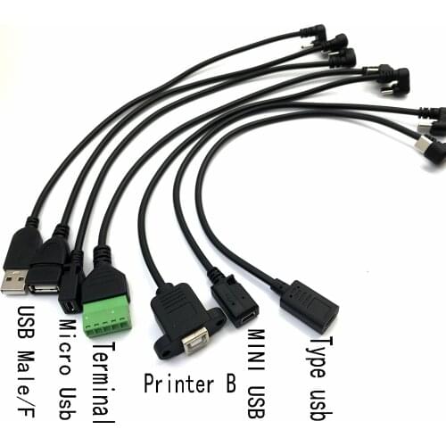 25cm mini Usb Male/ usb Male Female/Mrico/ Printer B / Terminal 5P TO Type-c Usb Degree Cables Wholesale