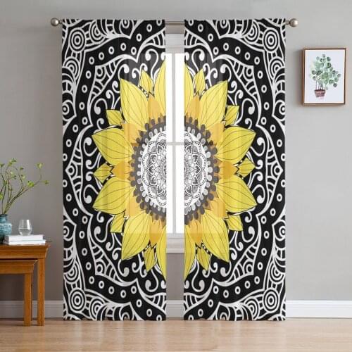 Sunflower And Mandala Black Sheer Curtains for Living Room Bedroom Kitchen Tulle for Windows Voile Drapes Home Decoration