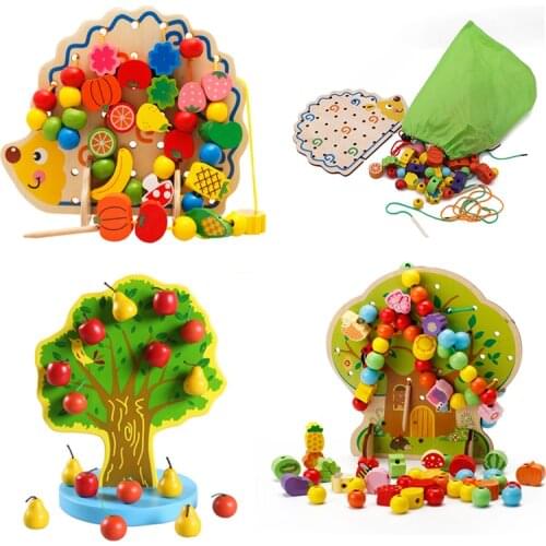 Wooden Montessori Educational Toys For Children Hedgehog Fruit Vegetable Thread Puzzle Board Beaded Toys Kids Cognition Gifts