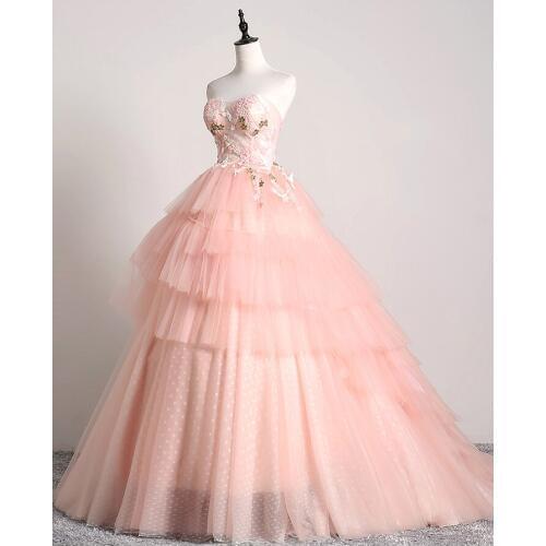 Pink flower bird embroidery ruffled ball gown long dress vintage medieval dress Renaissance princess Victoria dress