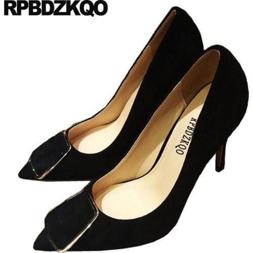 Extreme super unique wine red 8cm ladies black pointed toe big size luxury suede pumps thin high heels shoes metal ultra scarpin