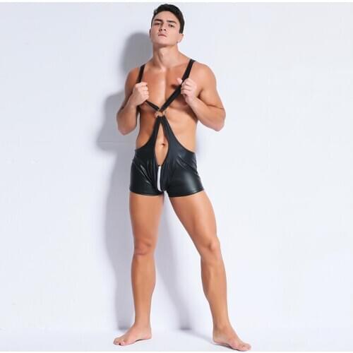 Wetlook Fetish Gay Jumpsuit Latex Pants Male Underwear Erotic Tight Bodysuit Sexy Polo Dance Gay Pants for BDSM Bondage Sex