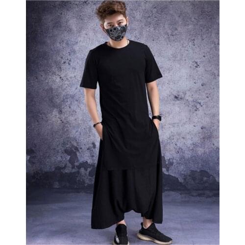 Long and short sleeve t-shirt mens long style fashion brand large size slim over the knee long half sleeve bottom shirt summer