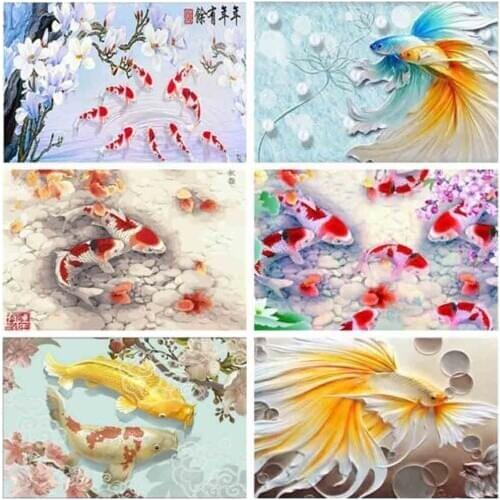 Kexinzu 5D DIY Diamond Painting Cross Stitch Fish Rhinestone Mosaic 3d Diamond Embroidery Animals Valentines Day Gift