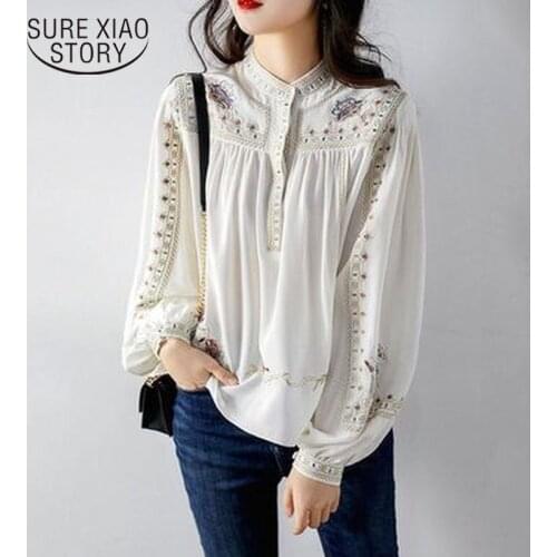 Korean Chic Luxury Spring Women Gorgeous Blouse Vintage Elegant Lady Shirt Stand Collar Floral Embroidery Chiffon Blusas 13835