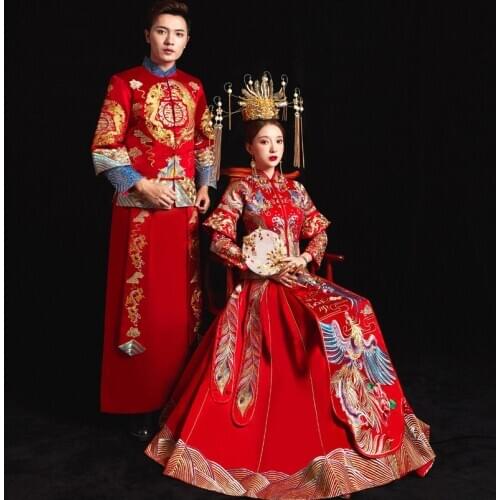 Red Chinese style wedding married dress dragon phoenix loading men and women Traditional Embroidery Hanfu
