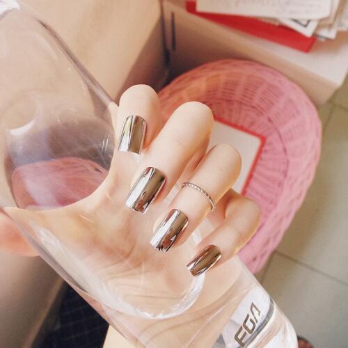 Metal Mirror Silver False Nail Tips Manicure Metalic Pure Silver Plating Punk Style 24PCS Long Size Fake Nail Art Decorations