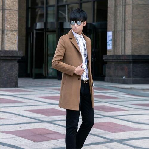 Mens clothing medium-long woolen coats mens single breasted wool coat plus size suit collar outerwear casaco masculino khaki