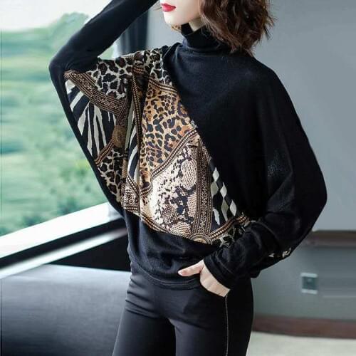 New Women Batwing Sleeve Thin Sweater Leopard Patchwork Spring Pullovers Sweater