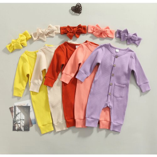 New 2Pcs Sweet Style Baby Girls Outfit, Solid Color Single-breasted Long Sleeve Round Collar Romper with Pocket + Headwear Set