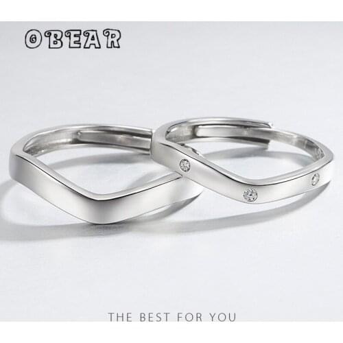 OBEAR 100% 925 Sterling Silver Korean Simple Geometric Adjustable Couples Wedding Ring Valentine Day Gift Jewelry