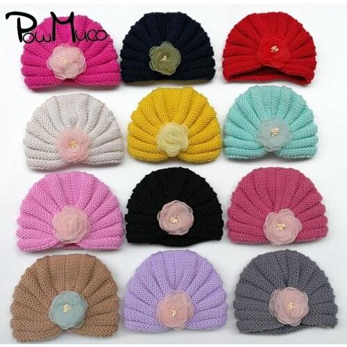 Powmuco Solid Color Handmade Knitting Striped Hats Cute Net Yarn Flowers Baby Girls Caps Fashion Warm Infant Headwear Kids Gift