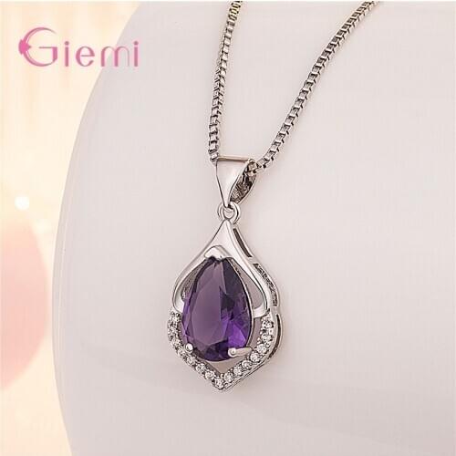 925 Sterling Silver Necklace Purple Cubic Zircon Crystal Waterdrop Pendant Collar Jewelry Mothers Day Women Gifts