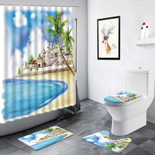 Beach Palm Trees Ocean Landscape Nordic Shower Curtains Hand Painted Scenery Bath Mat Non-slip Rugs Toilet Bathroom Decor Sets
