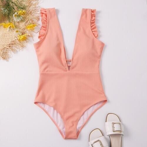 Sexy Deep V-Neck One Piece Swimsuit Falbala High Waisted Bathing Suit Women Swimwear Bodysuit Cut Out Monokini Female Beach Wear