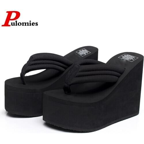 PULOMIES Summer Women Super High 12CM Slippers Platform Clogs Flip Flops Outdoor Garden Shoes Women Pool Bathroom Beach Slippers