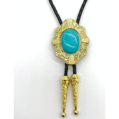 Blue turquoise Gold shield flower side metal round deer bolo tie for man western cowboy design jewelry accessories