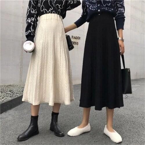 Vertical Striped Knitted Women Sweater Skirt Black Elastic Band Pleated Midi Skirt Vintage Chic High Waist A-Line Skirts Female