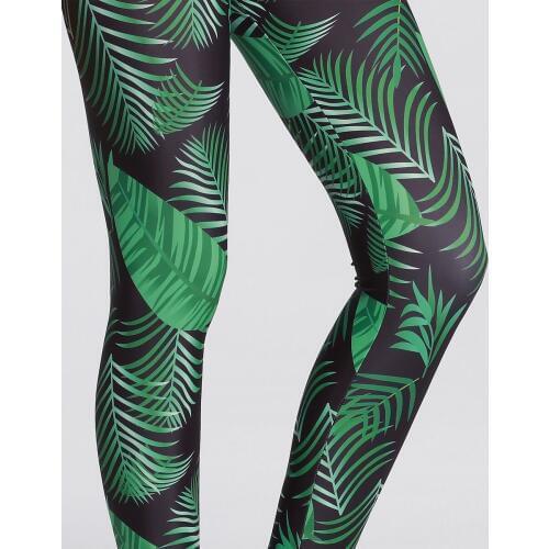 Womens Printed Active Workout Leggings Fitted Stretch Tights Swimming Sports Running Leggings Dark Green Leaf Printed