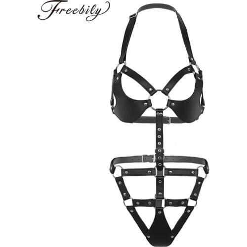 Womens Full Body Suit Faux Leather Harness Teddy Lingerie Sexy Catsuit Bondage Restraints Harness Fetish Costumes Sexy Lingerie