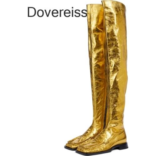 Dovereiss Winter New Fashion Sexy Square Head Clear Heels Stilettos Heels Gold Over The Knee High Boots 42 43