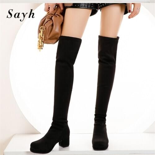 Winter Woman Over The Knee Boots Platform Round Toe Pleated High Heels Thigh Boots Stretch Suede Warm Shoes Size Plus