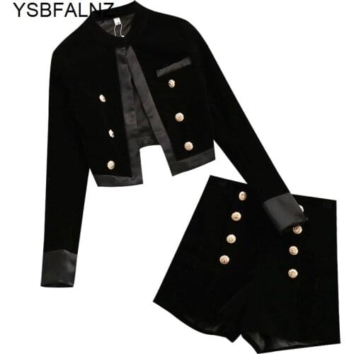 2021 2 Piece Clothing Set Womens Autumn Winter Retro Stand Collar Small Suit Jacket Gold Velvet Shorts Two-piece Lady Shorts Set