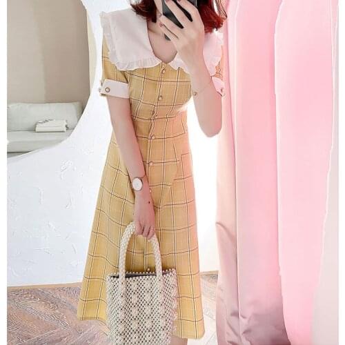 New Fashion Plaid Yellow Dresses Women Summer Short Sleeves Office Work Elegant Lady Long Dress Vestidos