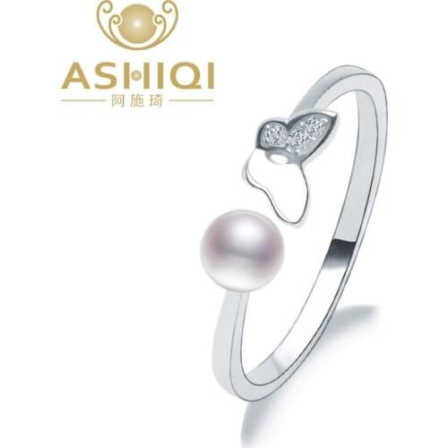 ASHIQI Real 925 Sterling Silver Ring for Women 5-6mm Natural Freshwater Pearl Butterfly Jewelry