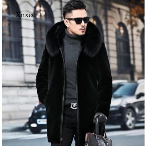 Winter Fur Jacket Men Long Sleeve Faux Fox Fur Coat Thick Warm Hooded Luxury Fashion Black Bontjas Mens Furry Shaggy Outerwear